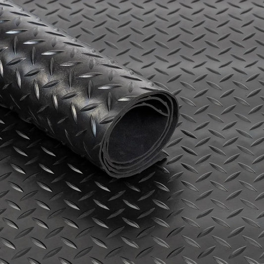 Black Rubber Matting Roll - 1m x 1.5m, 3mm Thick, Checker Plate Pattern