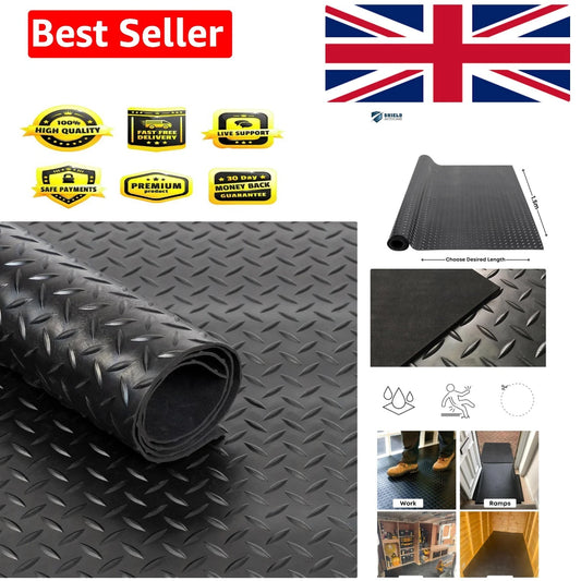 Black Rubber Matting Roll - 1m x 1.5m, 3mm Thick, Checker Plate Pattern