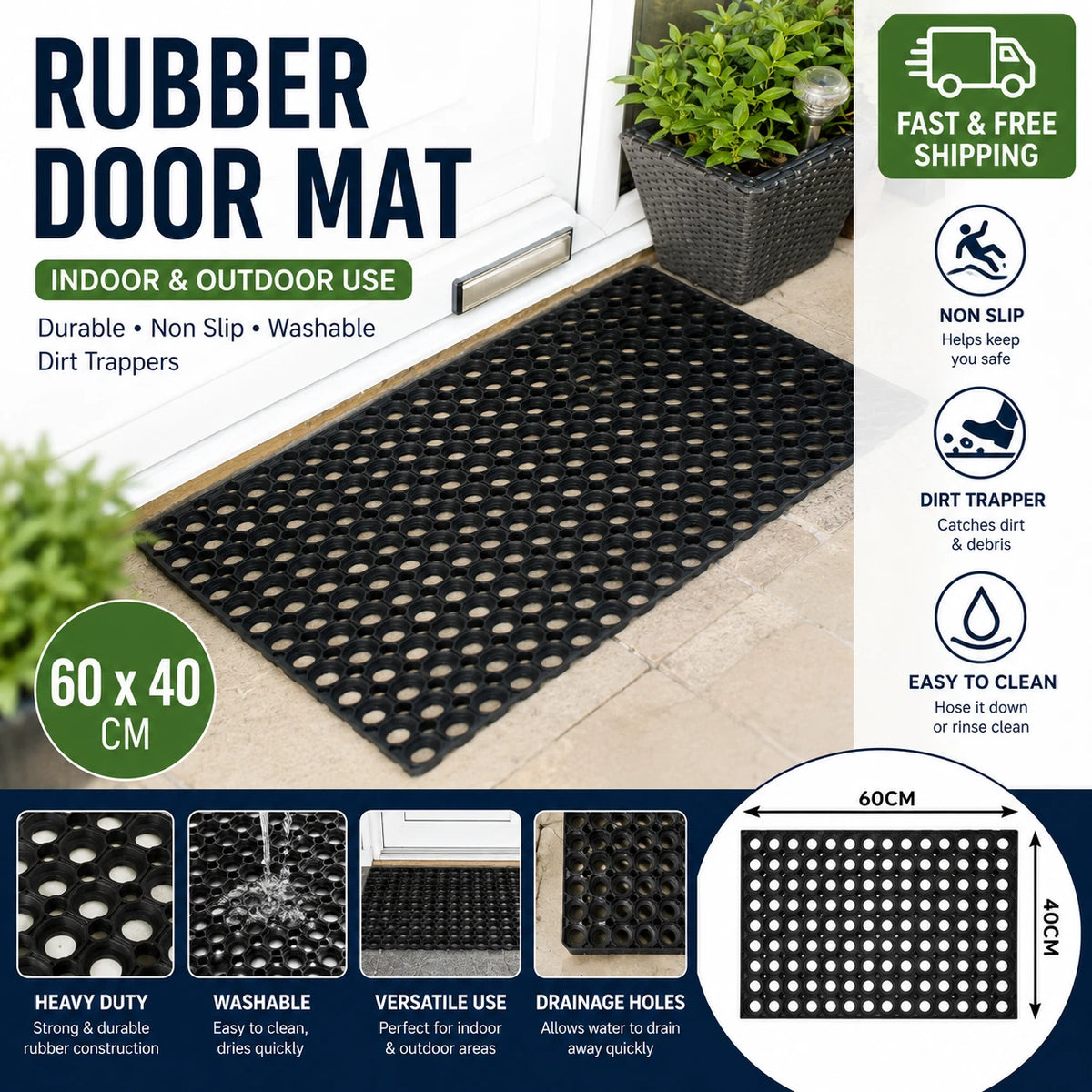 Heavy Duty Rubber Door Mat Non Slip Dirt Trapper Indoor Outdoor Runner UK