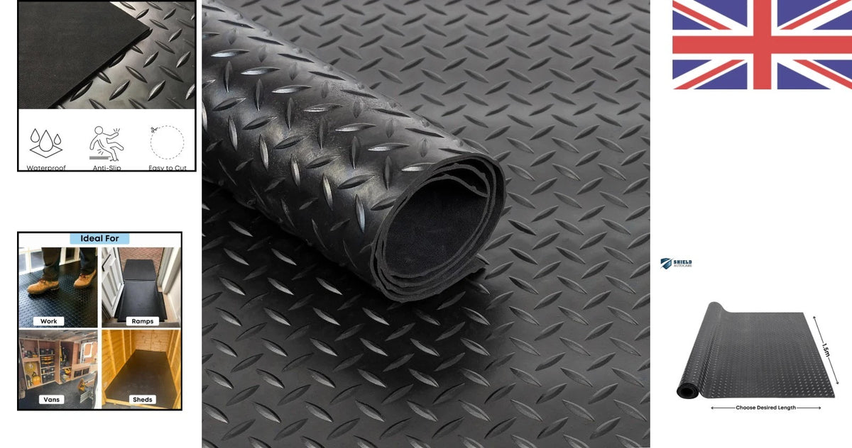 Black Rubber Matting Roll - 1m x 1.5m, 3mm Thick, Checker Plate Pattern