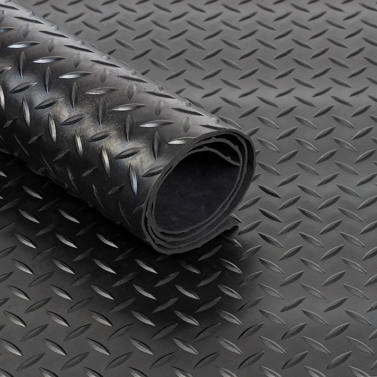 Black Rubber Matting Roll - 1m x 1.5m, 3mm Thick, Checker Plate Pattern